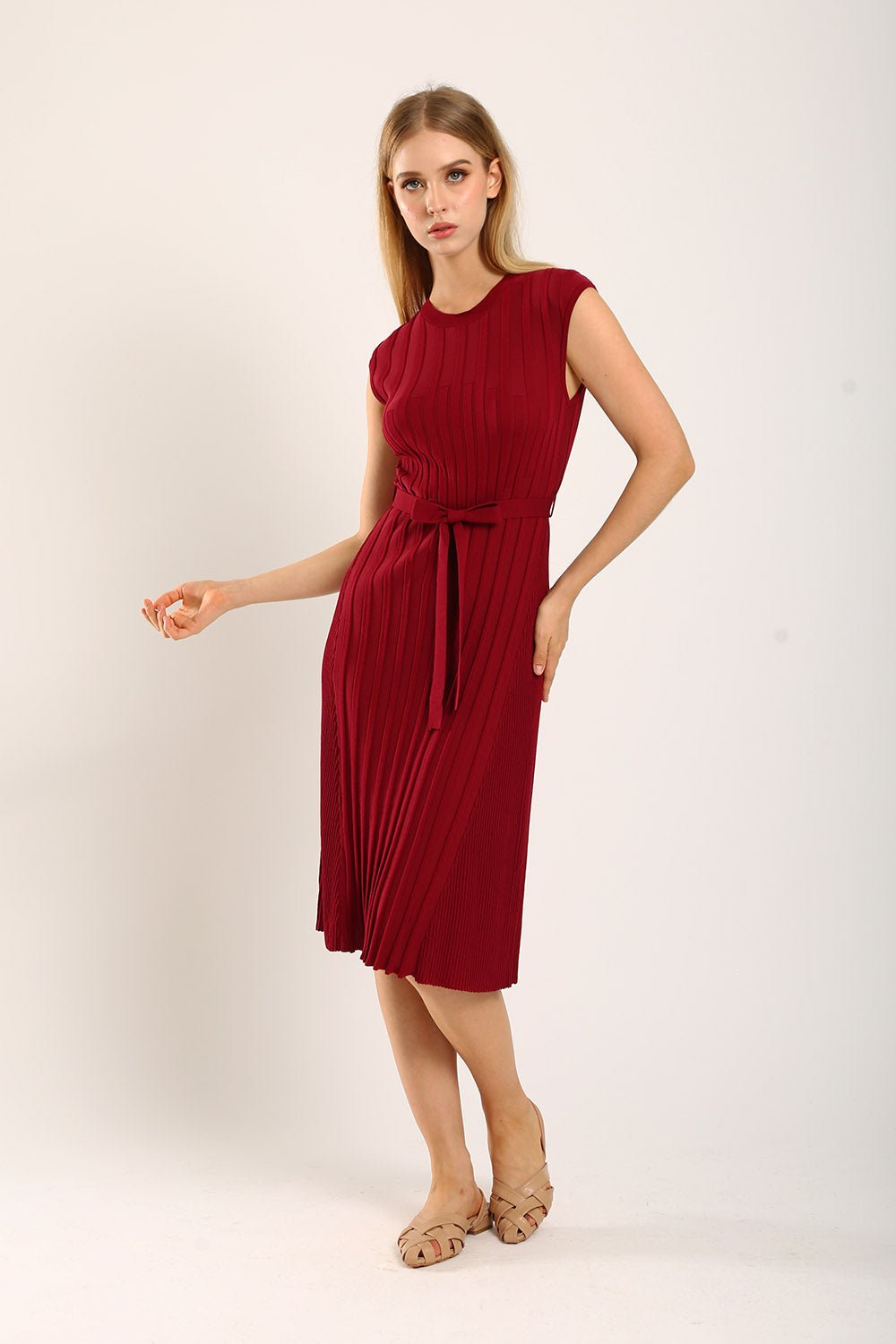 Ciera Texture Belted Knit Dress in Red - Image 5