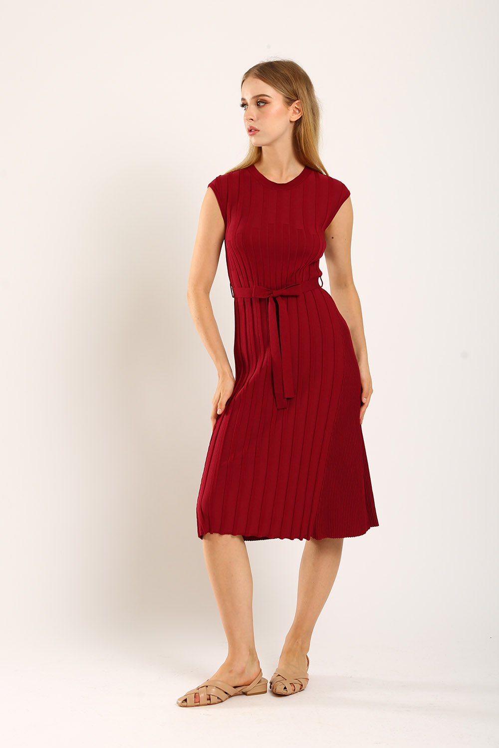 Ciera Texture Belted Knit Dress in Red - Image 6