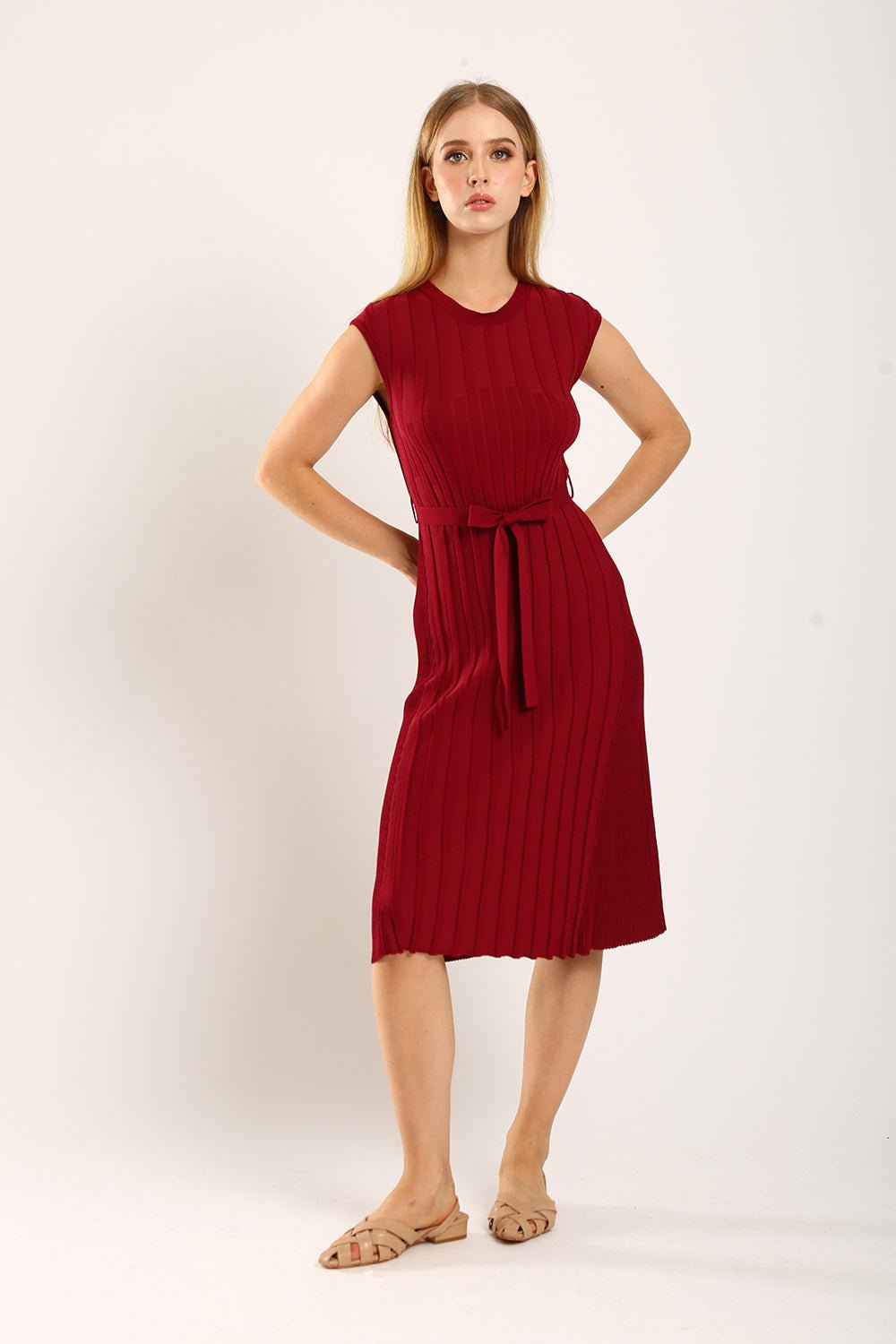 Ciera Texture Belted Knit Dress in Red - Image 3