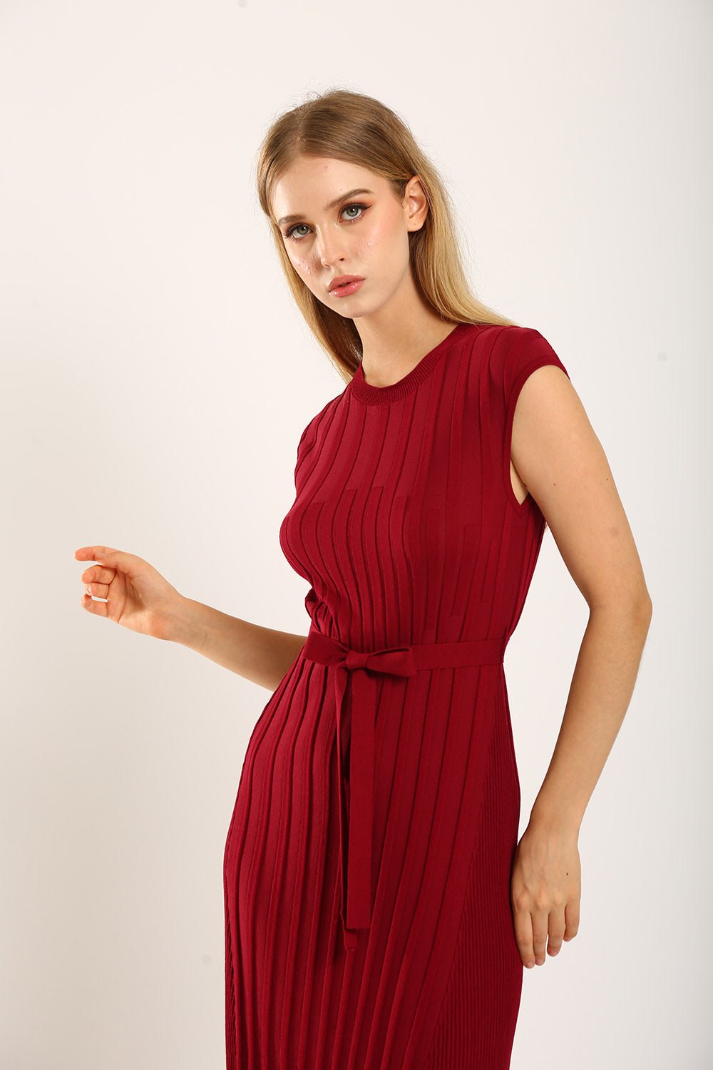 Ciera Texture Belted Knit Dress in Red - Image 8