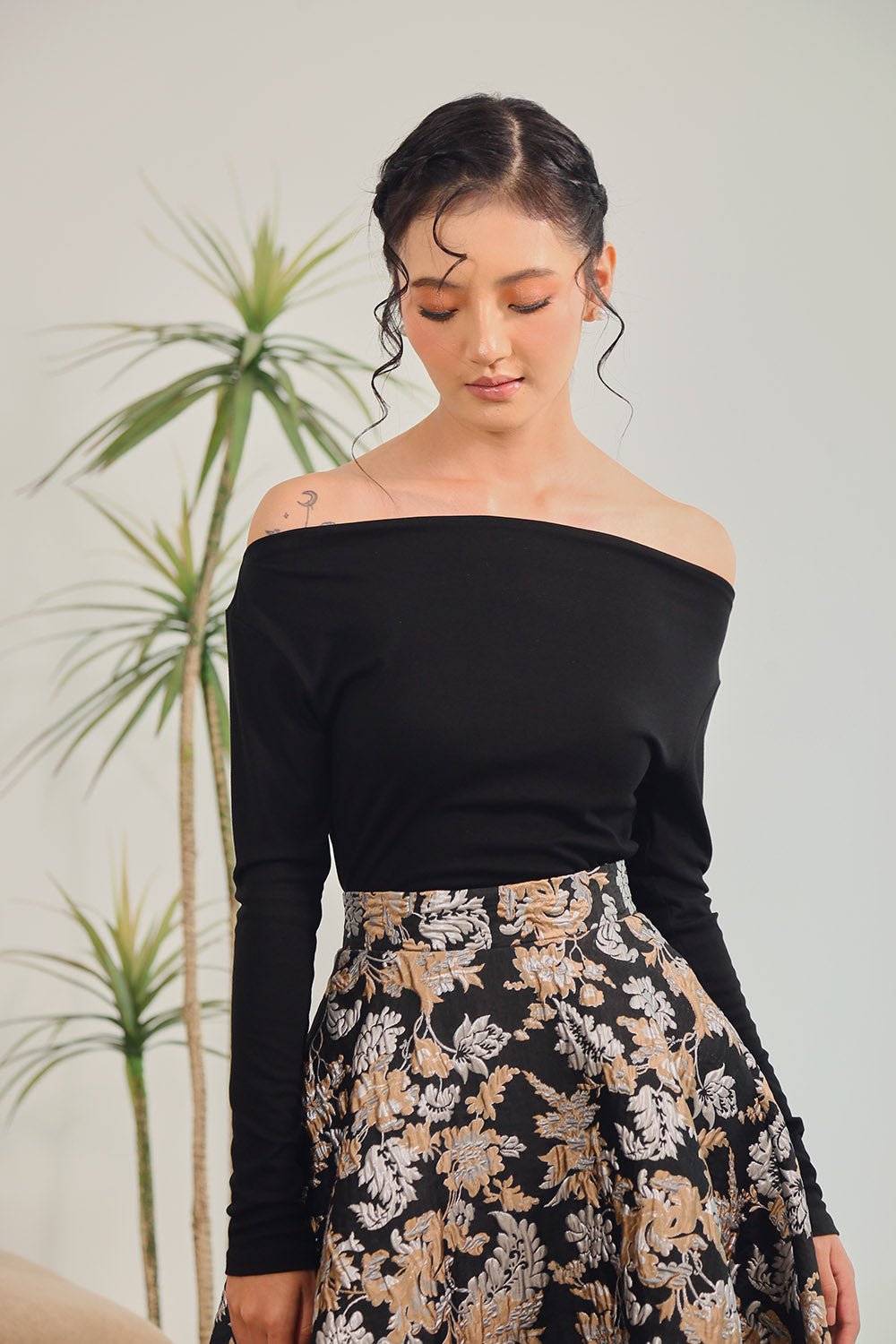 Selene Drape Neck Long Sleeve Top in Black - Image 6