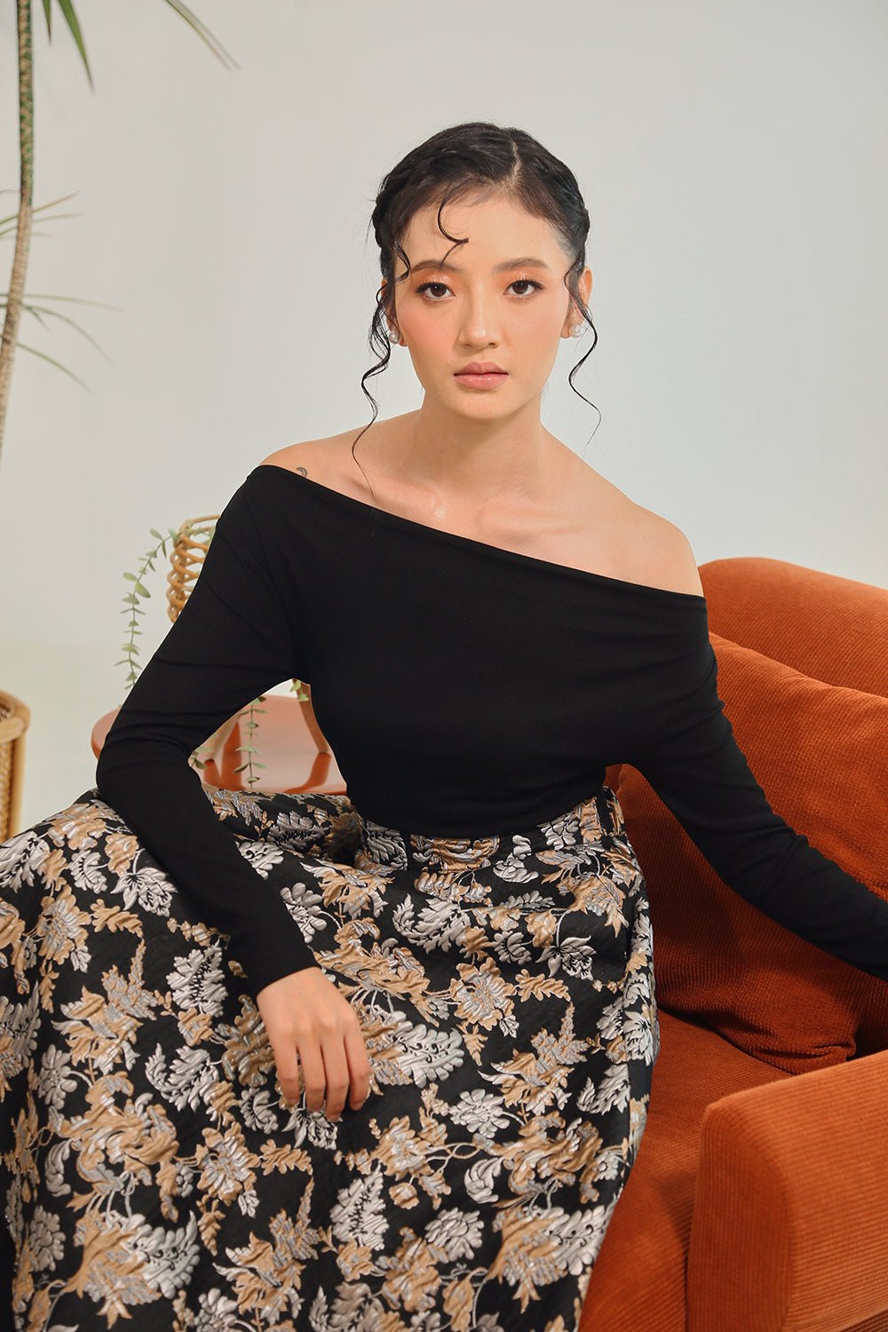 Selene Drape Neck Long Sleeve Top in Black - Image 3