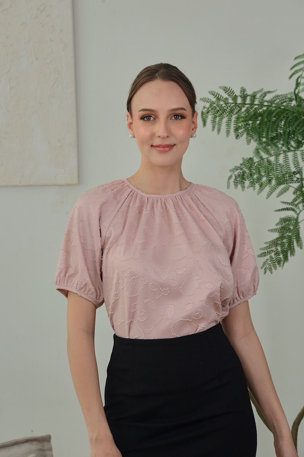 Melina Jacquard Puff Sleeve Top in Blush Bloom