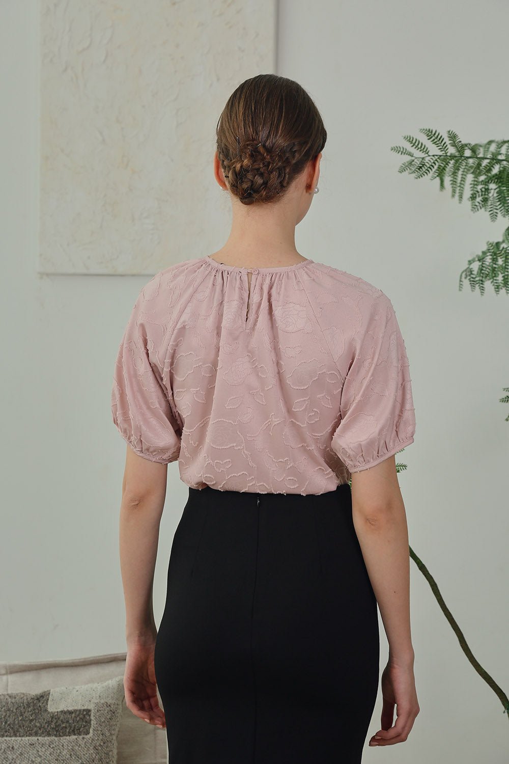 Melina Jacquard Puff Sleeve Top in Blush Bloom - Image 5