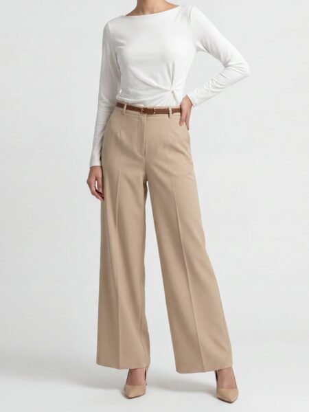 Beige High Waist Belted Trousers