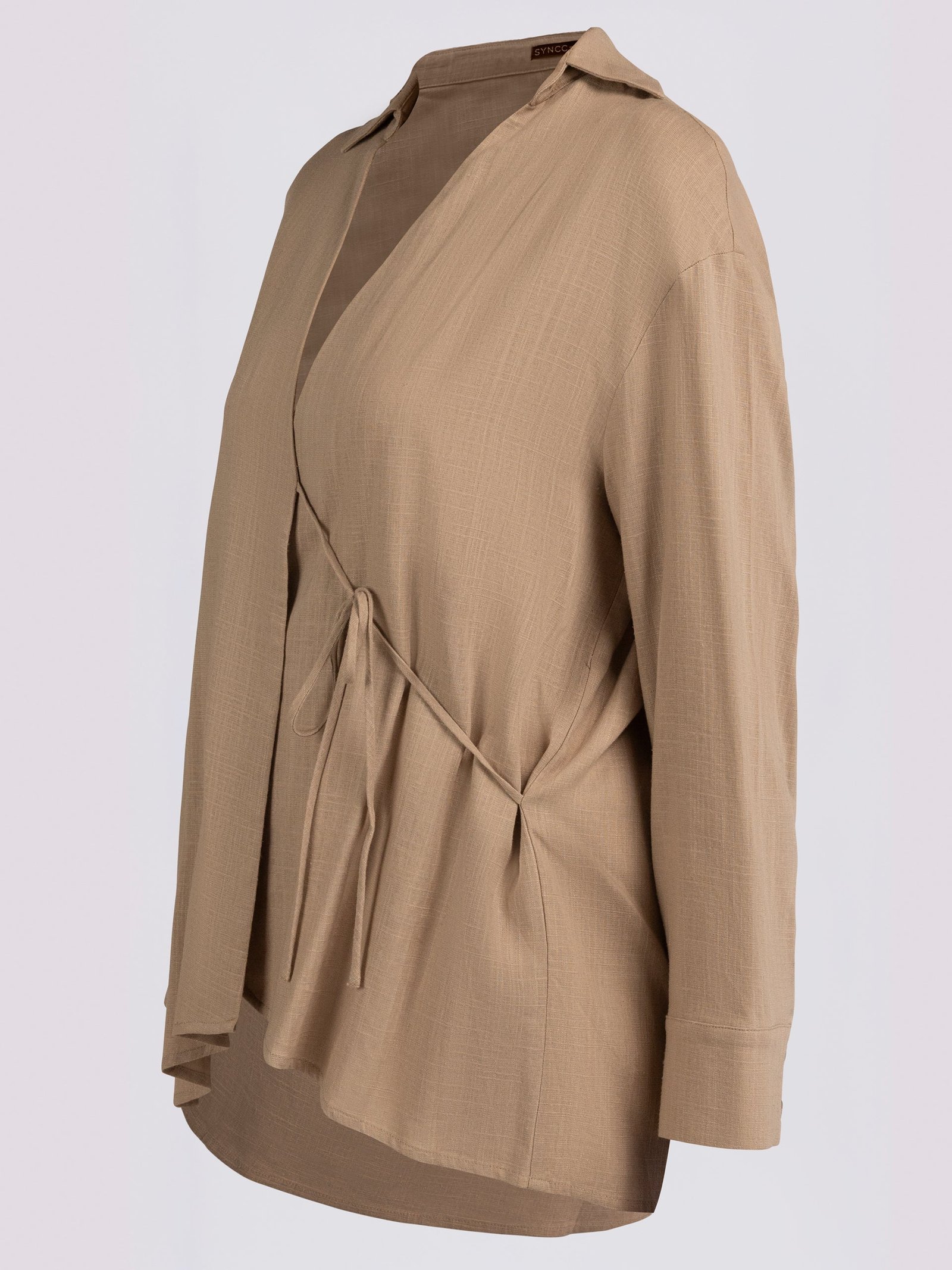 Beige Draped Side-Tie Kimono Shirt - Image 3