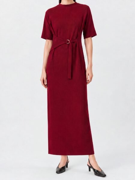Mock-Neck Belted Dress